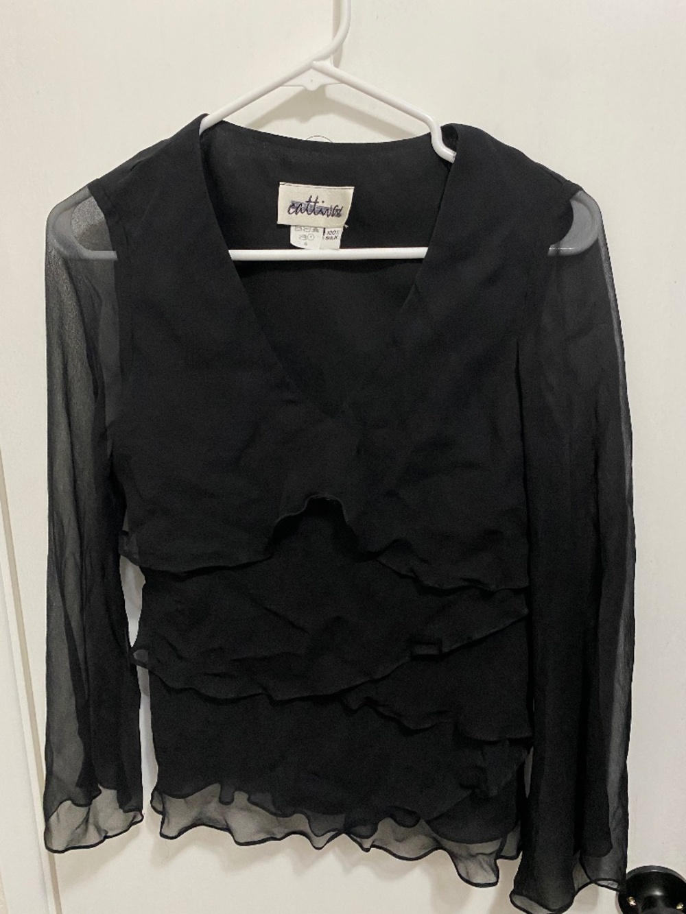 Cattiva  Black Size 6  Women’s Flare Sheer Longsleeve Blouse in 100% Silk.